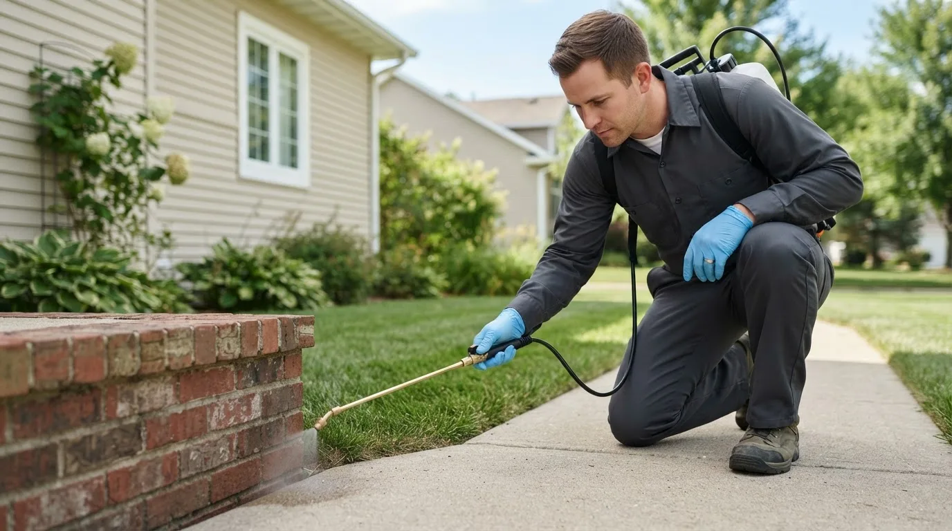 Pest control technician treating a home near Curtis, MI
