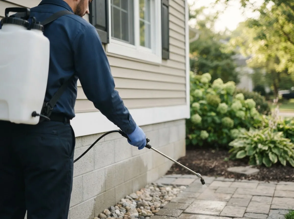 Pest control technician inspecting a home in Curtis, MI